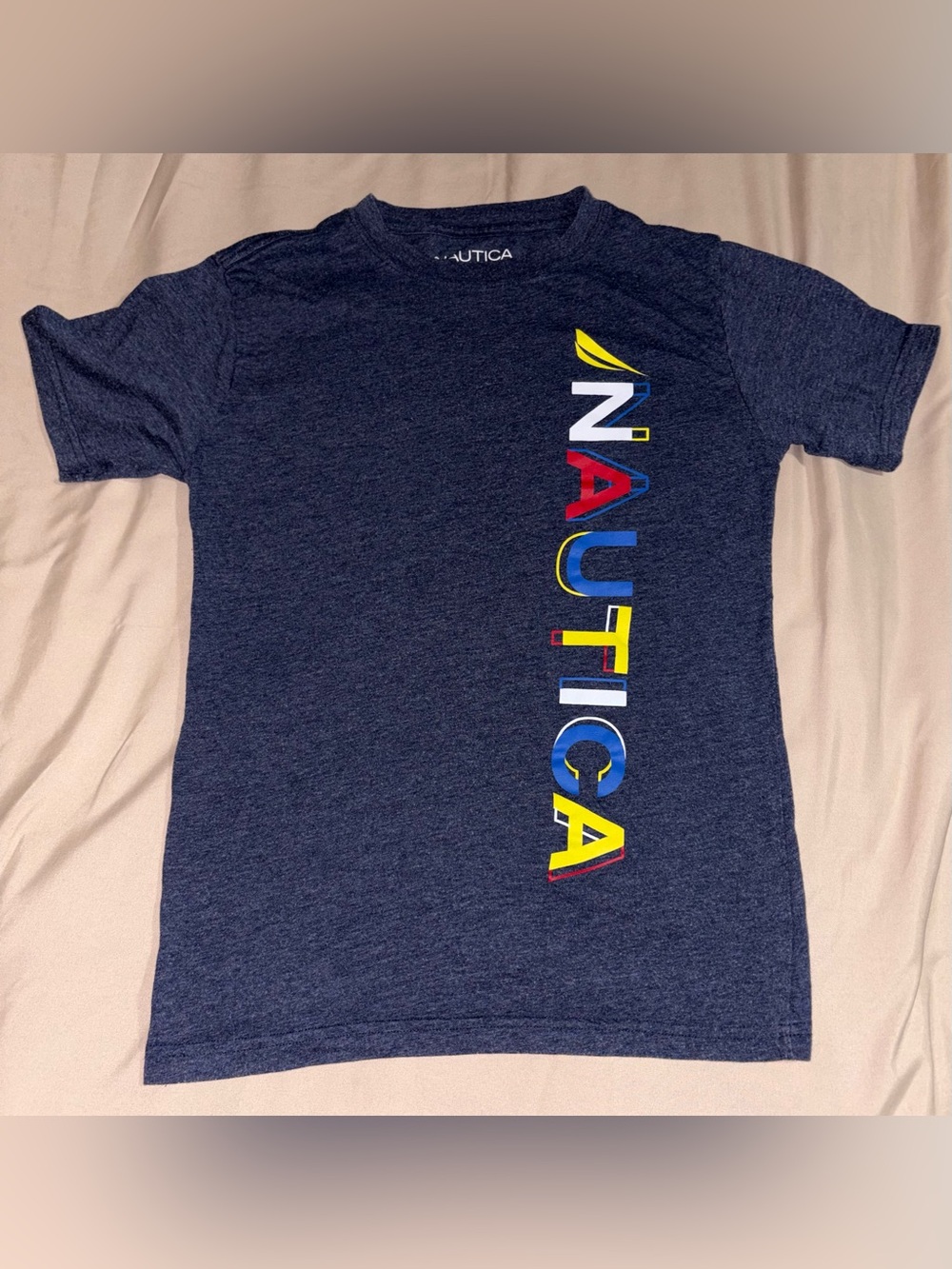 Nautica Boys Blue Heather Vertical Logo Graphic T-Shirt Size Large (14/16)
